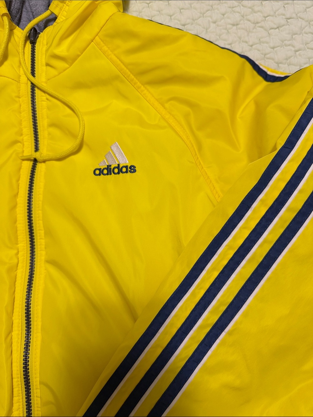adidas Bright Yellow Hooded with Navy Stripes REVERSIBLE Vintage 90’s Jacket